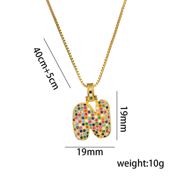 Hiphop rainbow cubic zircon setting bubble letter initial letter pendant necklace