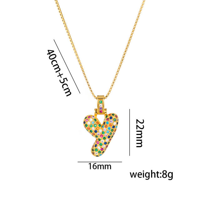 Hiphop rainbow cubic zircon setting bubble letter initial letter pendant necklace