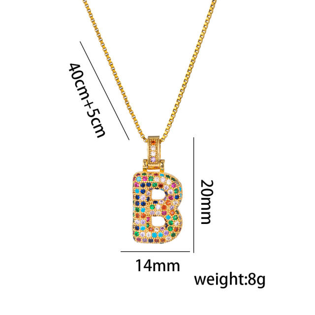 Hiphop rainbow cubic zircon setting bubble letter initial letter pendant necklace