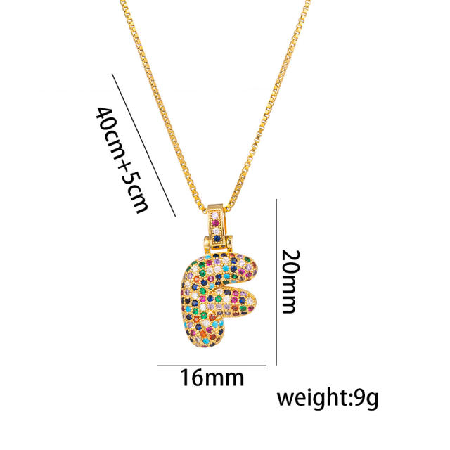 Hiphop rainbow cubic zircon setting bubble letter initial letter pendant necklace