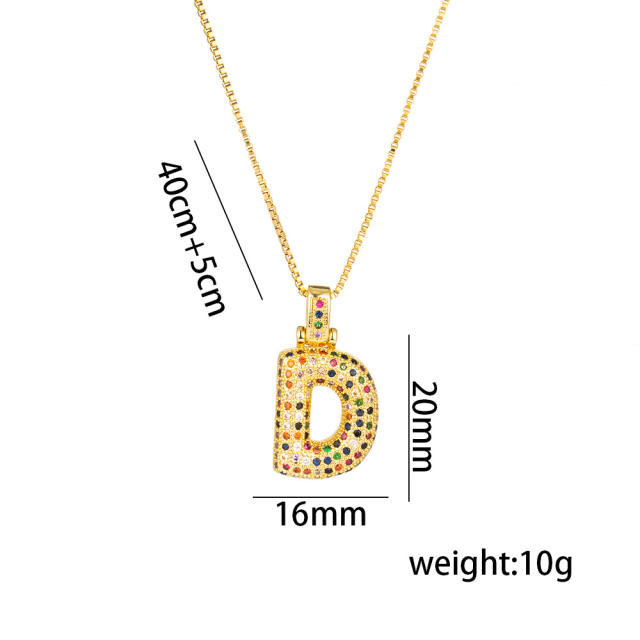 Hiphop rainbow cubic zircon setting bubble letter initial letter pendant necklace