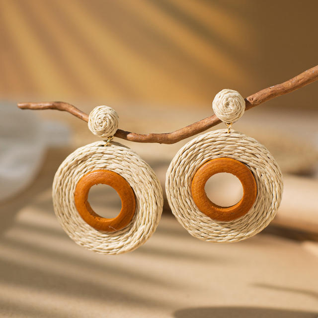 Holiday trend colorful straw circle dangle earrings