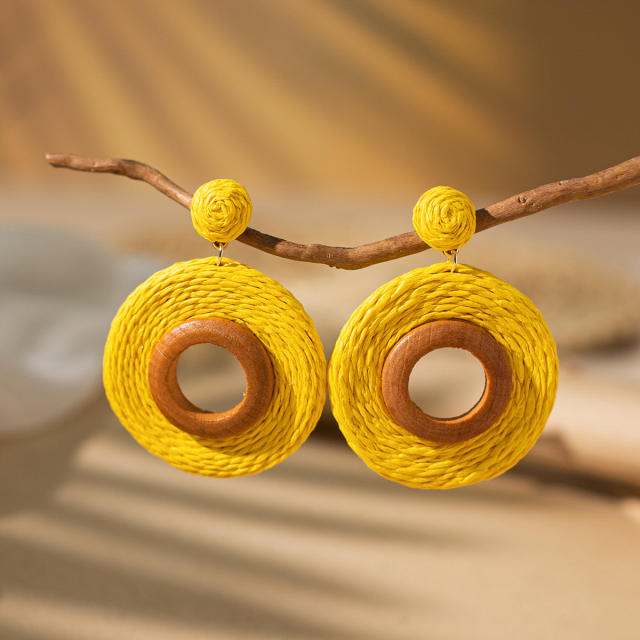 Holiday trend colorful straw circle dangle earrings