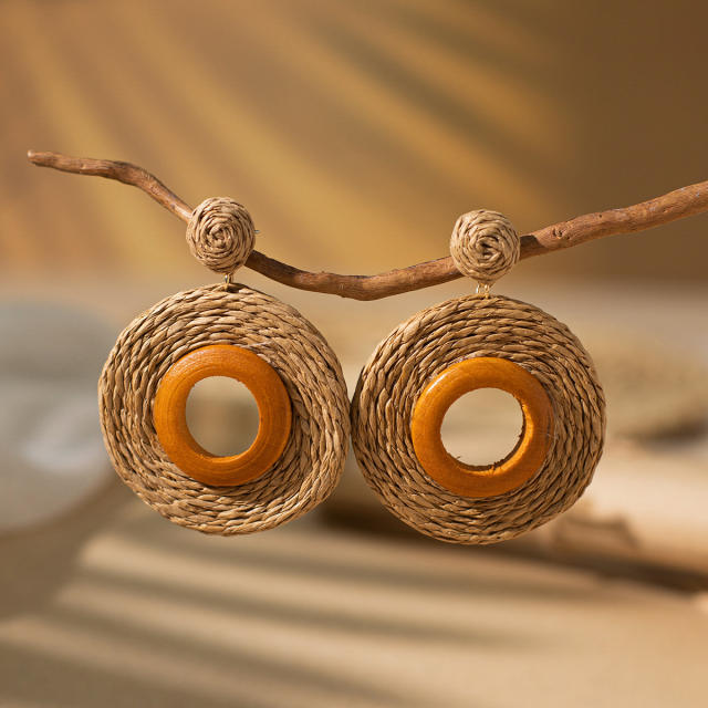 Holiday trend colorful straw circle dangle earrings