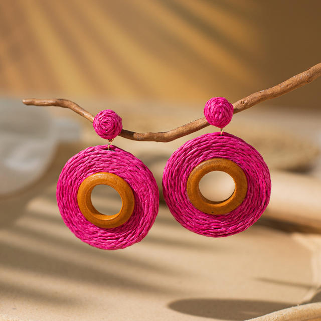 Holiday trend colorful straw circle dangle earrings
