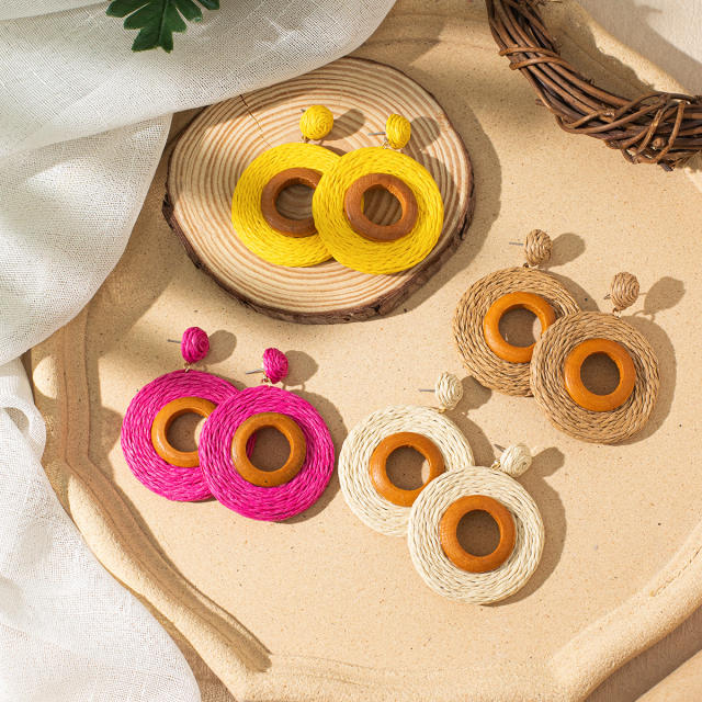 Holiday trend colorful straw circle dangle earrings