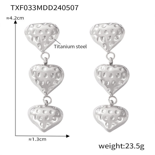 Italy hammer pattern heart pearl bead stainless steel necklace earrings set