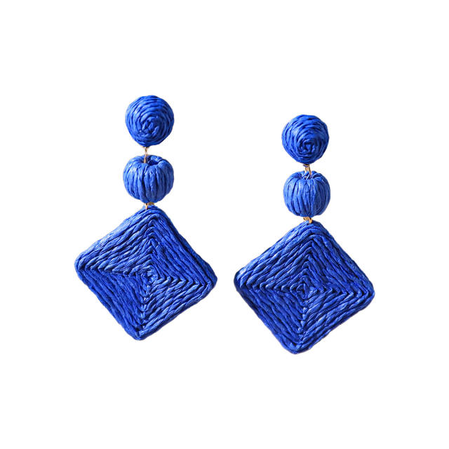 Boho beach trend colorful straw geometric dangle earrings