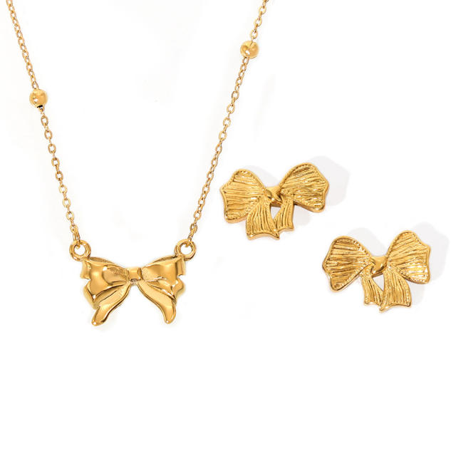 Chic easy match dainty bow stainless steel necklace earrings set