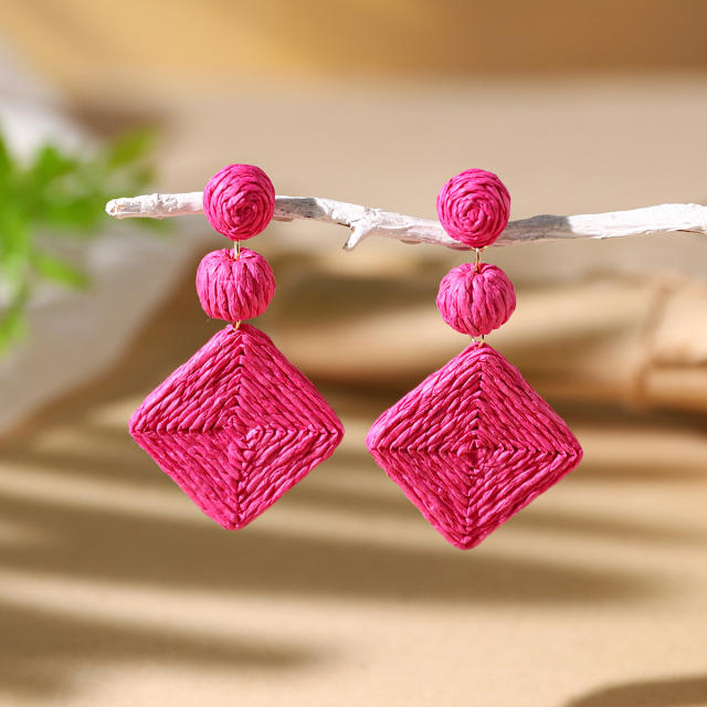 Boho beach trend colorful straw geometric dangle earrings