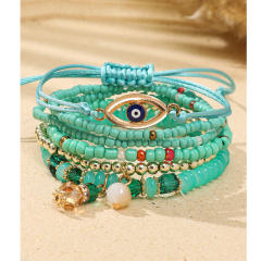 Boho multi layer colorful seed bead evil eye bracelet