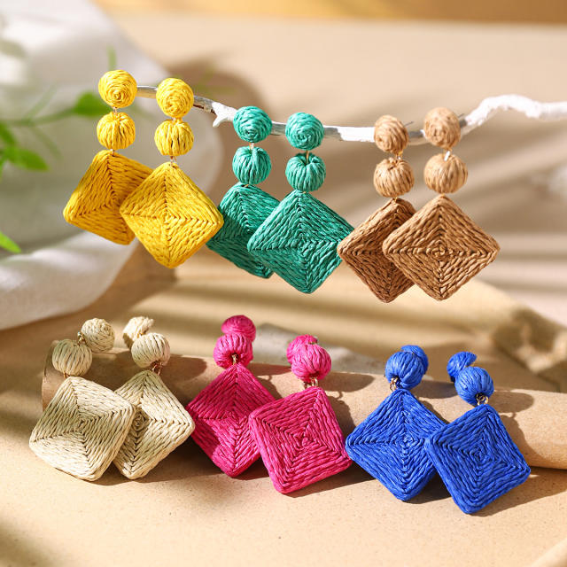 Boho beach trend colorful straw geometric dangle earrings