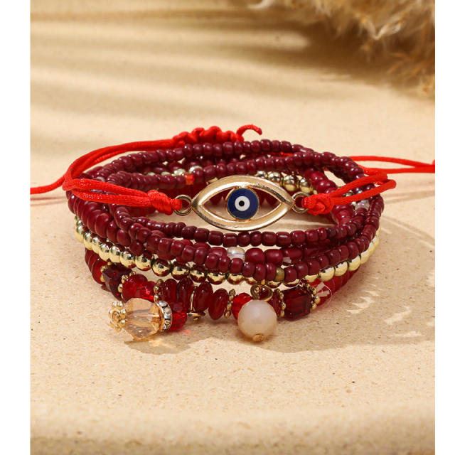 Boho multi layer colorful seed bead evil eye bracelet