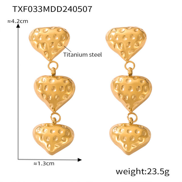 Italy hammer pattern heart pearl bead stainless steel necklace earrings set