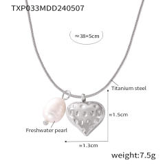Italy hammer pattern heart pearl bead stainless steel necklace earrings set