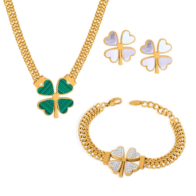 Chunky clover stainless steel necklace bracelet earrings set