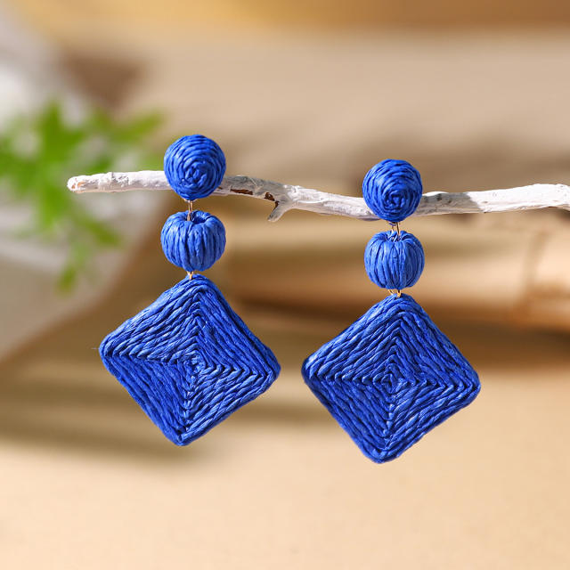 Boho beach trend colorful straw geometric dangle earrings