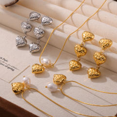 Italy hammer pattern heart pearl bead stainless steel necklace earrings set