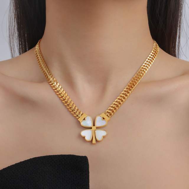 Chunky clover stainless steel necklace bracelet earrings set