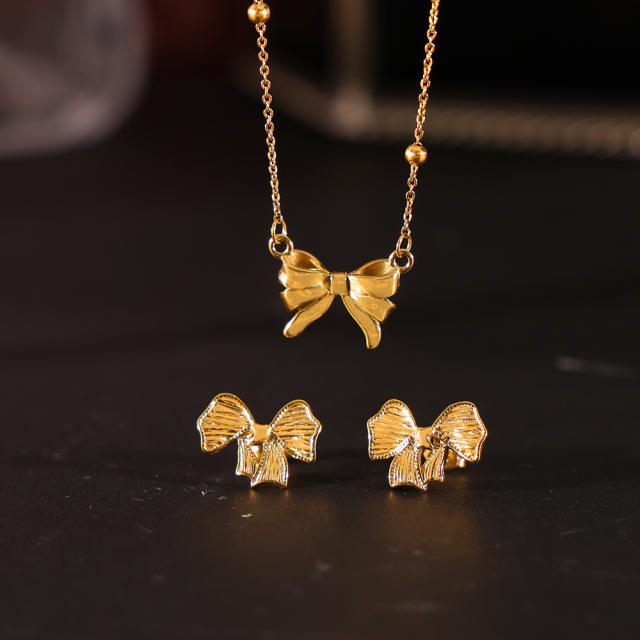 Chic easy match dainty bow stainless steel necklace earrings set