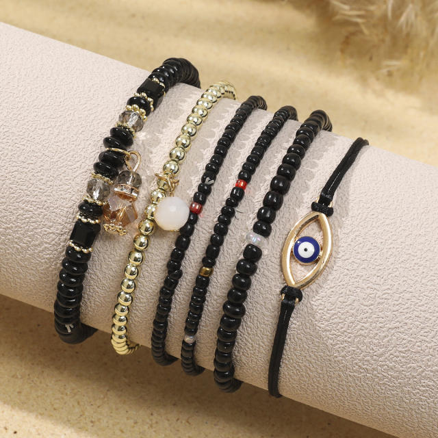 Boho multi layer colorful seed bead evil eye bracelet