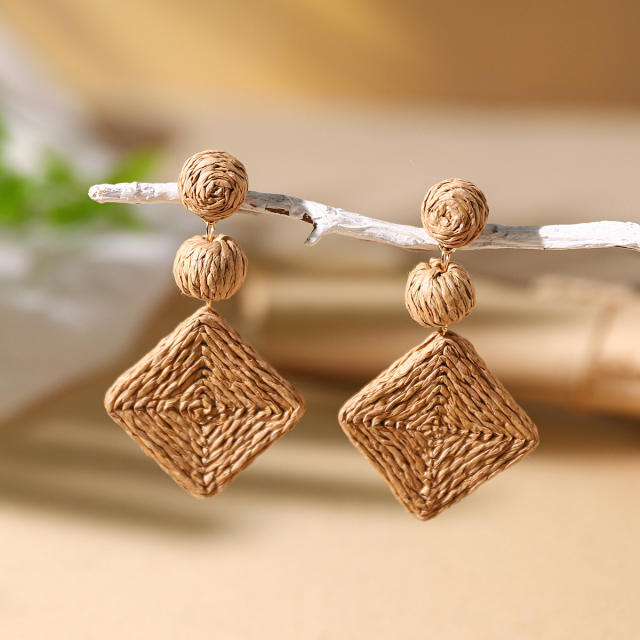 Boho beach trend colorful straw geometric dangle earrings
