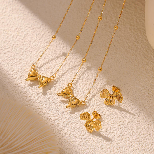 Chic easy match dainty bow stainless steel necklace earrings set