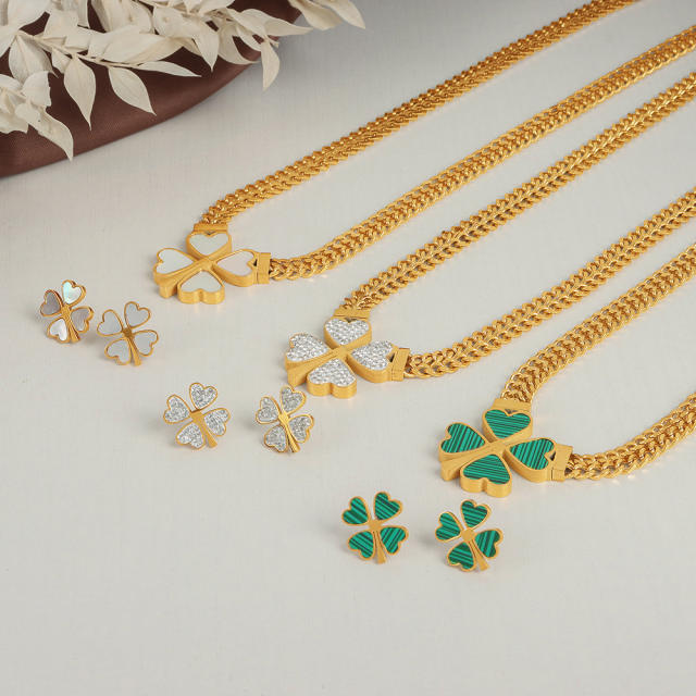 Chunky clover stainless steel necklace bracelet earrings set