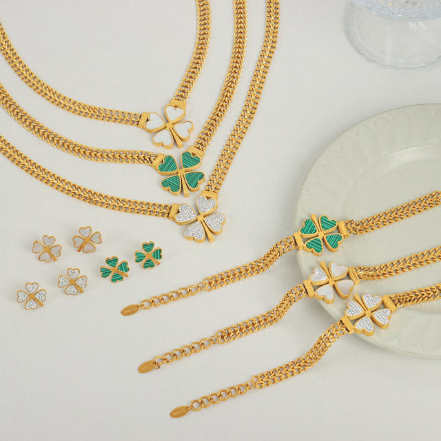 Chunky clover stainless steel necklace bracelet earrings set