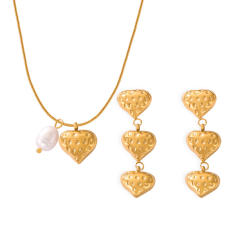 Italy hammer pattern heart pearl bead stainless steel necklace earrings set