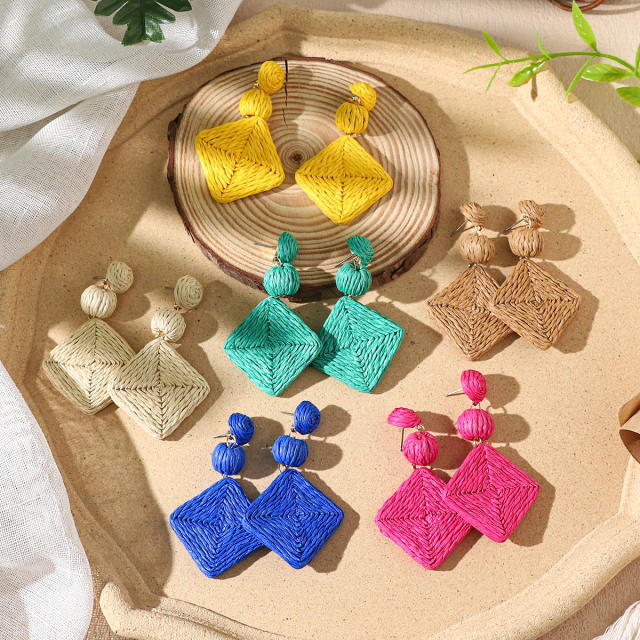 Boho beach trend colorful straw geometric dangle earrings