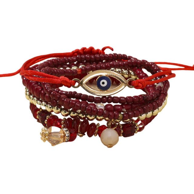 Boho multi layer colorful seed bead evil eye bracelet