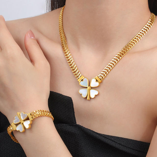 Chunky clover stainless steel necklace bracelet earrings set