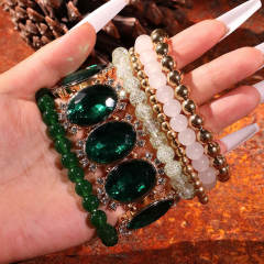 6pcs chunky palace trend green glass crystal bead bracelet set