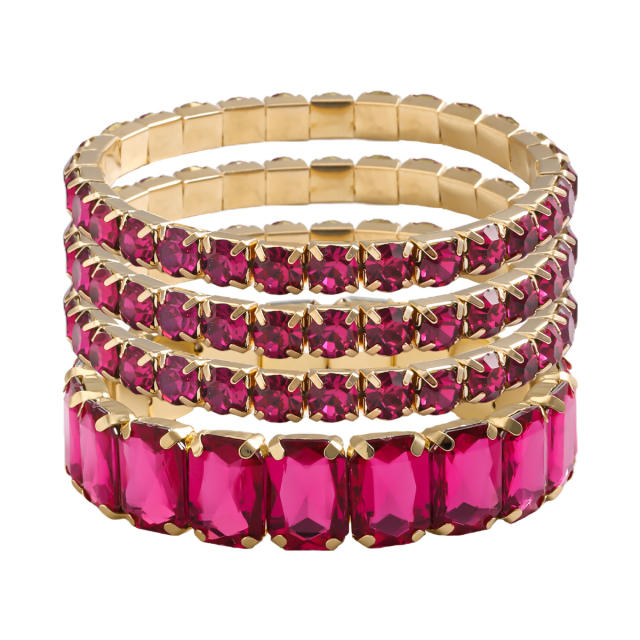 4PCS set colorful glass crystal statement elastic bangle set party prom bangle