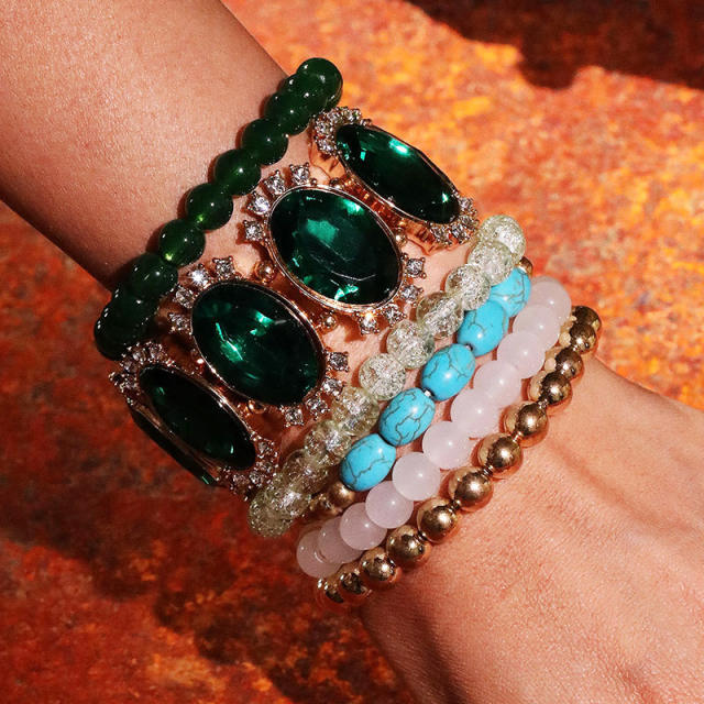 6pcs chunky palace trend green glass crystal bead bracelet set