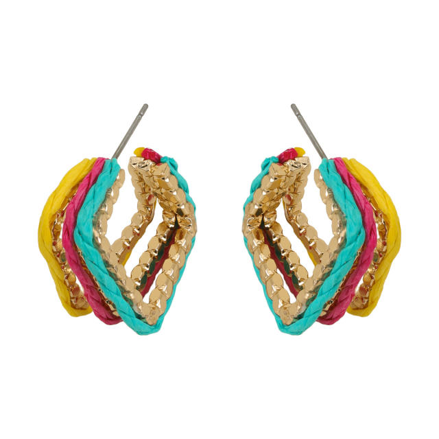Boho colorful straw geometric square holiday earrings