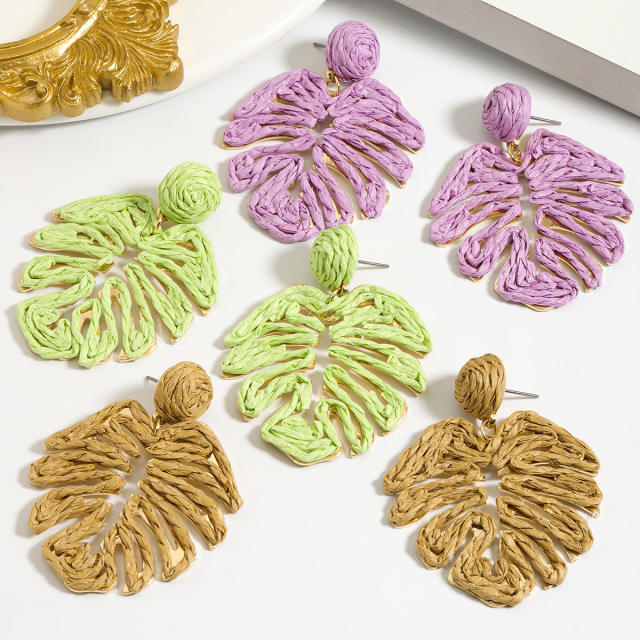 Boho colorful straw fishbone Palm leaves dangle earrings