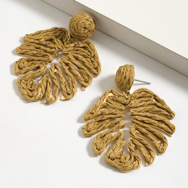 Boho colorful straw fishbone Palm leaves dangle earrings