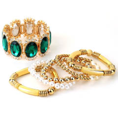 6pcs chunky palace trend green glass crystal bead bracelet set
