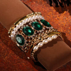 6pcs chunky palace trend green glass crystal bead bracelet set