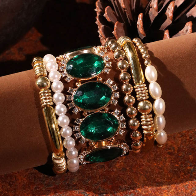 6pcs chunky palace trend green glass crystal bead bracelet set