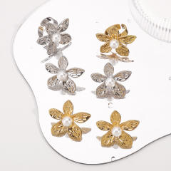 Elegant metal flower imitation pearl earrings finger rings set