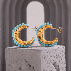 Vintage boho natural stone bead open hoop stainless steel earrings