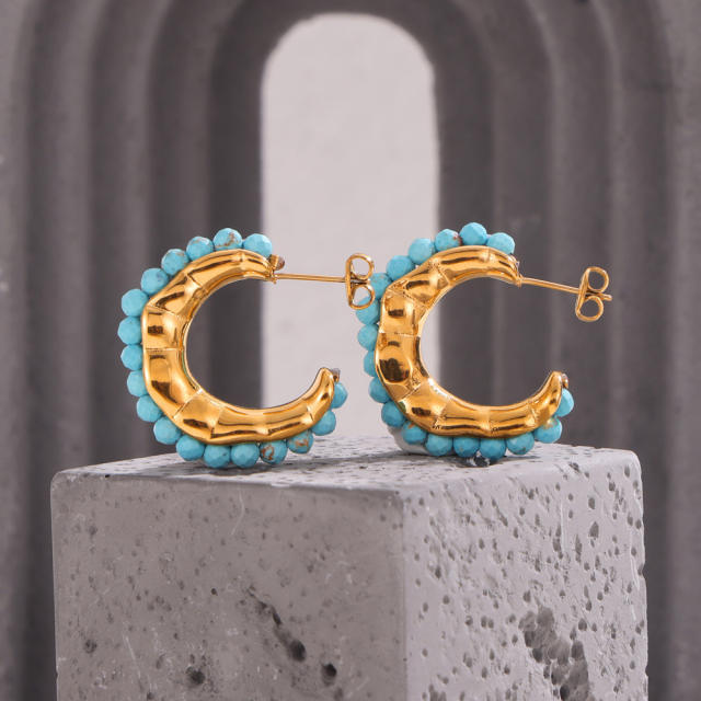 Vintage boho natural stone bead open hoop stainless steel earrings