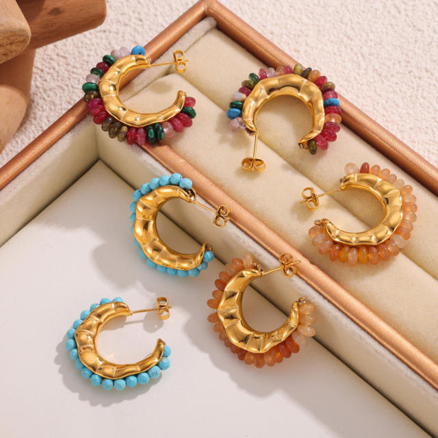 Vintage boho natural stone bead open hoop stainless steel earrings