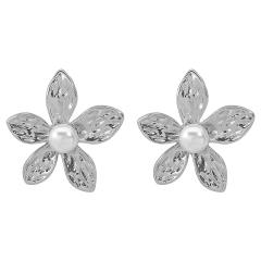 Elegant metal flower imitation pearl earrings finger rings set