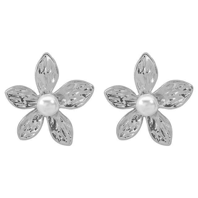 Elegant metal flower imitation pearl earrings finger rings set