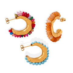 Vintage boho natural stone bead open hoop stainless steel earrings