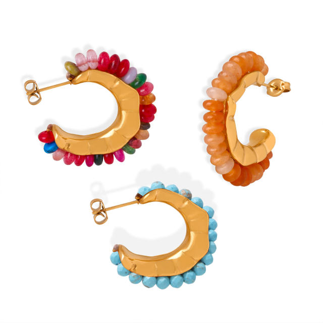 Vintage boho natural stone bead open hoop stainless steel earrings